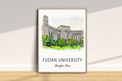 Fudan University building illustration, Shanghai, China.