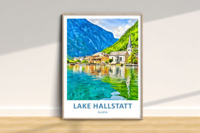 Lake Hallstatt painting with mountains and village