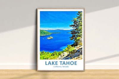 Colorful Lake Tahoe landscape poster with blue water.
