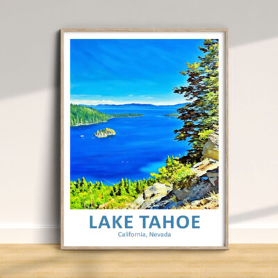 Colorful Lake Tahoe landscape poster with blue water.