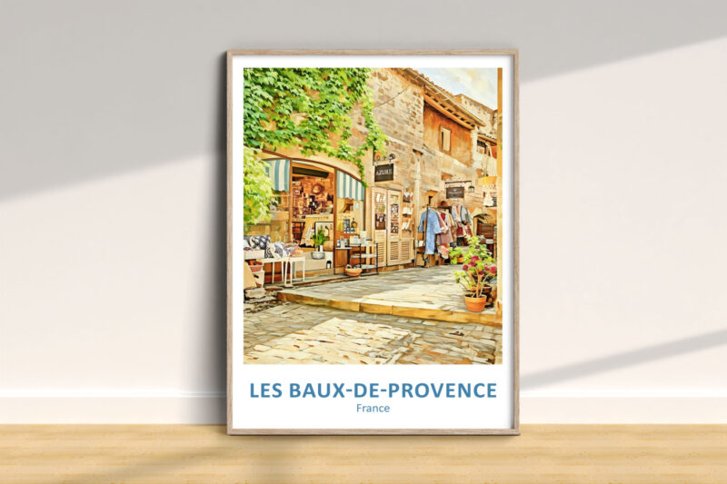 Les Baux-de-Provence charming street scene illustration.