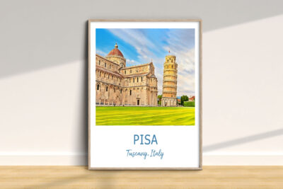 Framed Pisa Tower painting in room.