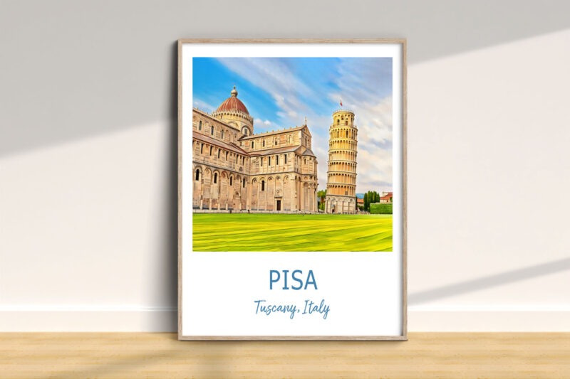 Framed Pisa Tower painting in room.