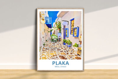 Colorful alley in Plaka, Milos, Greece illustration.