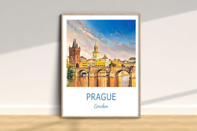 Colorful painting of Prague cityscape in a frame.