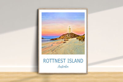 Rottnest Island lighthouse at sunset, beach view.
