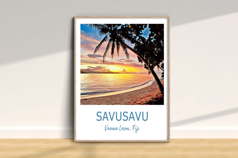 Framed sunset beach artwork of Savusavu, Fiji