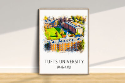 Colorful Tufts University campus illustration in frame.