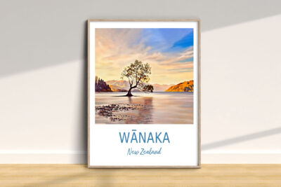 Wānaka New Zealand tree landscape illustration in frame.