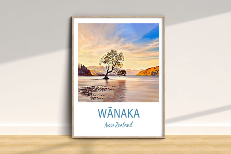 Wānaka New Zealand tree landscape illustration in frame.
