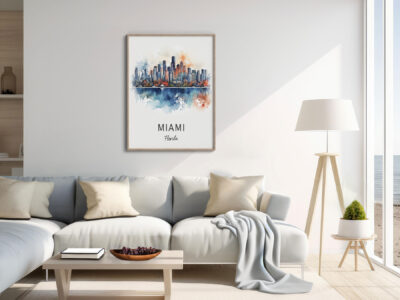 Cozy living room with Miami artwork on wall.