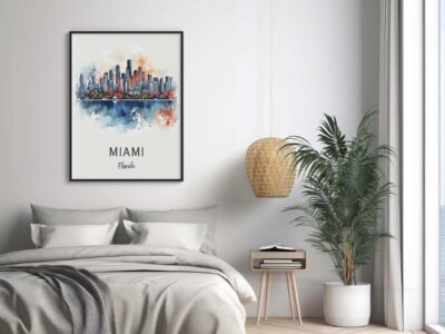 Bedroom with Miami skyline art and plant