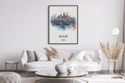 Modern living room with Miami skyline artwork.