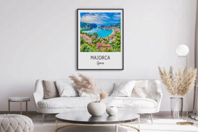 Framed Majorca poster in modern living room.