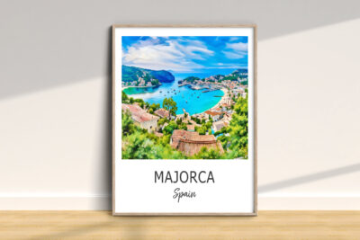 Colorful Majorca landscape print with sea view.