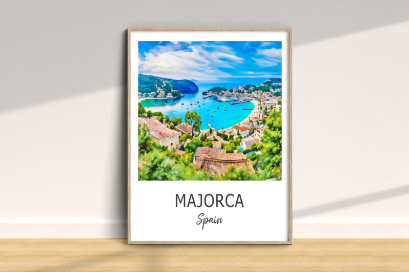 Colorful Majorca landscape print with sea view.