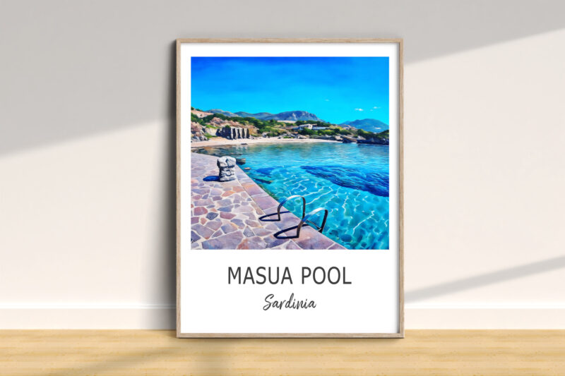 Painting of Masua Pool, Sardinia, with ocean view.