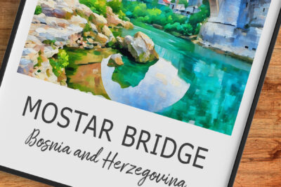 Mostar Bridge, watercolor art, Bosnia and Herzegovina