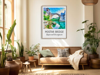 Cozy room with Mostar Bridge painting and plants.