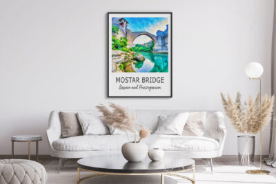 Modern living room with Mostar Bridge artwork.