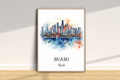 Watercolor painting of Miami skyline reflection.
