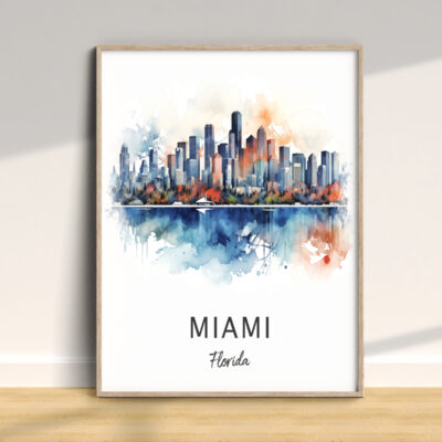 Watercolor painting of Miami skyline reflection.