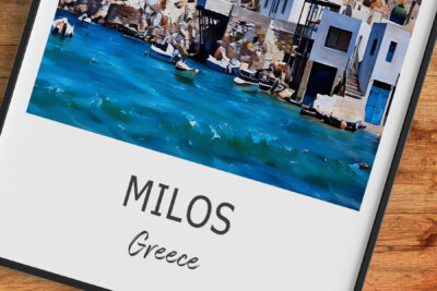 Milos Greece coastline with boats and blue sea
