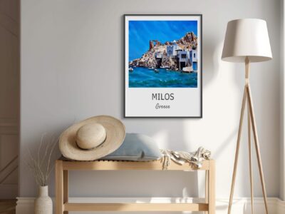 Room with Milos Greece framed photo on wall.