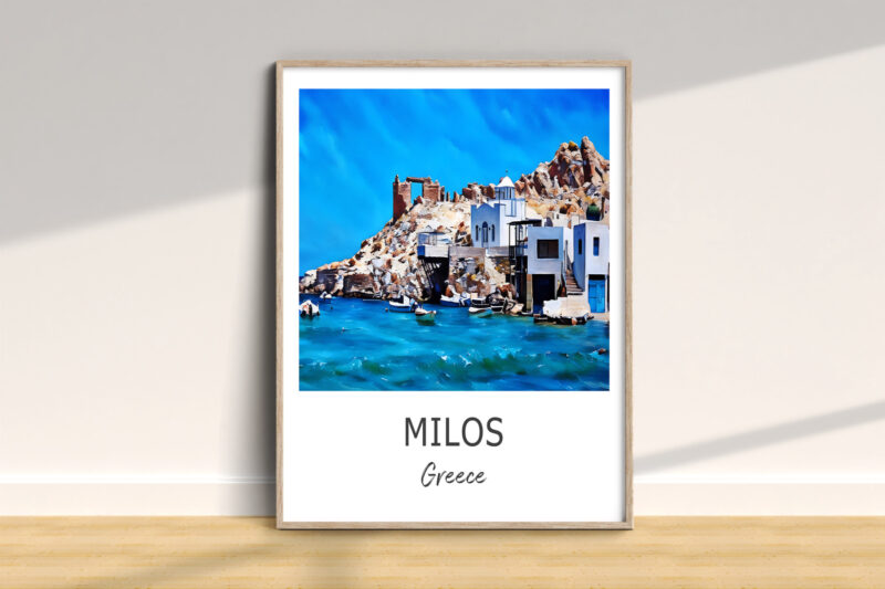 Framed Milos Greece seaside art print on wall