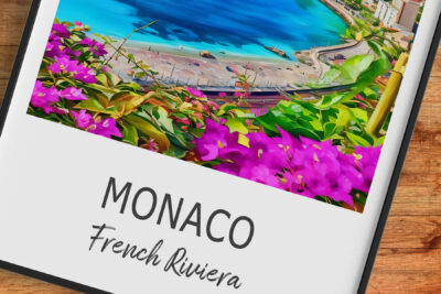 Colorful Monaco coastline with flowers and sea view.