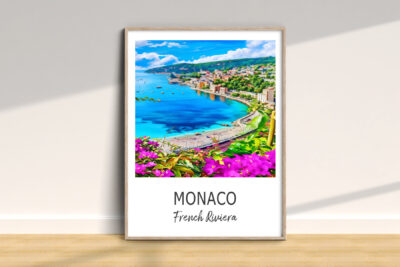 Colorful Monaco coastline painting with vibrant flowers.