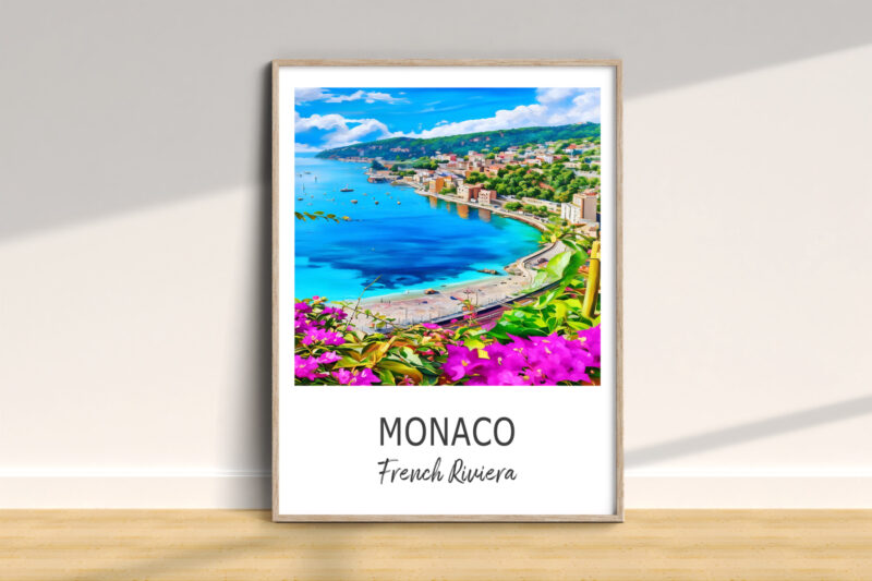 Colorful Monaco coastline painting with vibrant flowers.