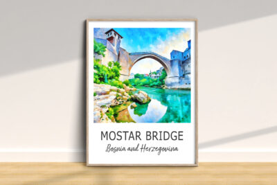 Mostar Bridge painting, Bosnia and Herzegovina scenery.