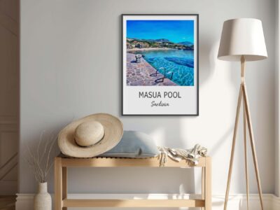 Framed Masua Pool poster on modern living room wall.