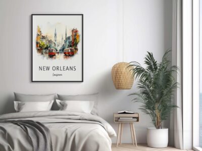 Bedroom with New Orleans wall art and plant.