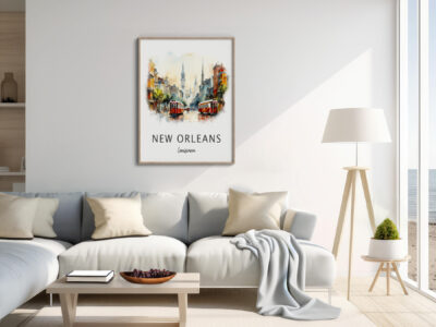 Modern living room with New Orleans artwork.