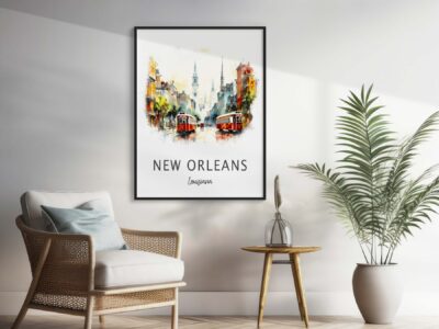 New Orleans poster above modern chair and table.