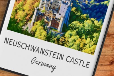 Aerial view of Neuschwanstein Castle, Germany, in autumn.