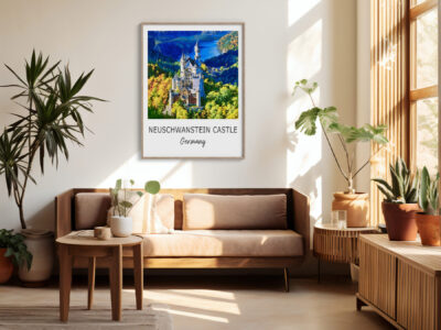 Cozy living room with Neuschwanstein Castle art