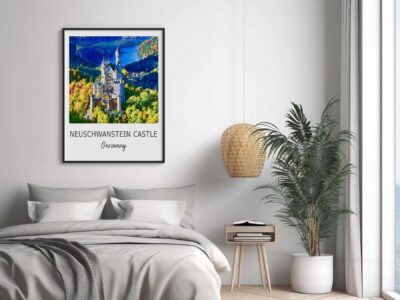 Neuschwanstein Castle poster in modern bedroom.