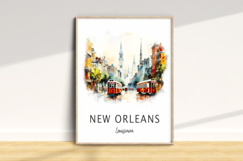 New Orleans streetcars and skyline illustration