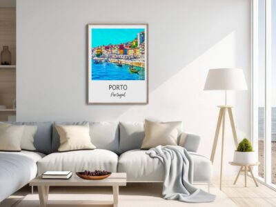 Modern living room with Porto, Portugal artwork.