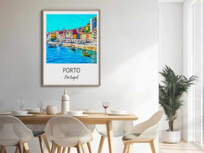 Dining room with Porto, Portugal wall art.