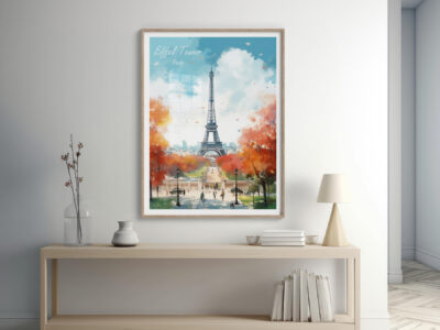 Eiffel Tower painting in modern living room setting.