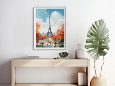 Eiffel Tower poster in modern living room decor.