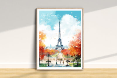 Framed watercolor Eiffel Tower with autumn trees.