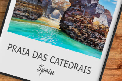 Praia das Catedrais in Spain with arch cliffs.