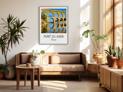Cozy living room with Pont du Gard artwork.