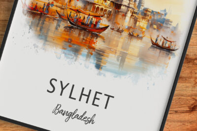 Watercolor painting of boats in Sylhet, Bangladesh.