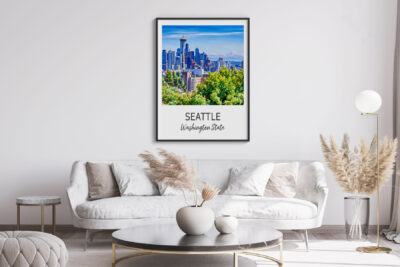 Seattle skyline poster above modern living room sofa.